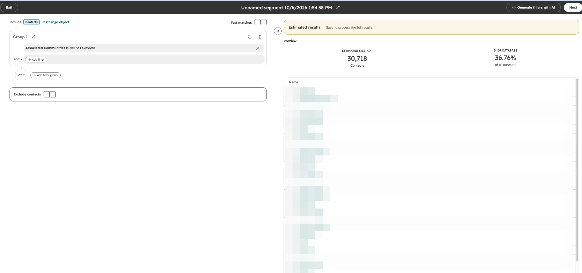 HubSpot segment editor with filter Associated Communities is any of Lakeview in Group 1, an and Add filter button, an or Add filter group button, an Exclude contacts toggle, and an estimated-results preview