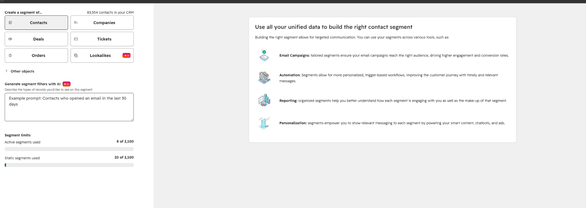 HubSpot Create a segment screen with Contacts, Companies, Deals and other object options, plus the Generate segment filters with AI box