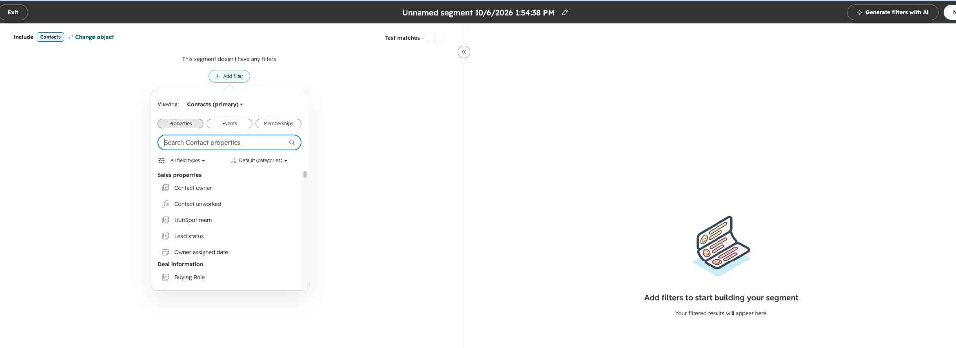 HubSpot segment editor with the Add filter panel open, showing Properties, Events and Memberships tabs and a property search box